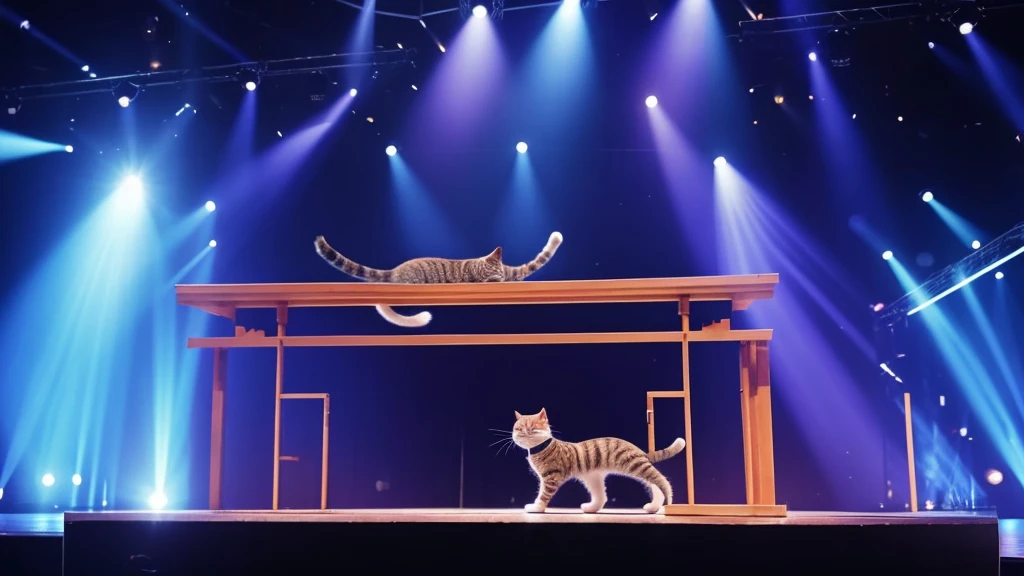 A very cute little cat,dressed in clothes that cats can only wear,walks on the stage like a star. There is a spotlight on the T-shaped platform. The cat walks on the catwalk like a star.,