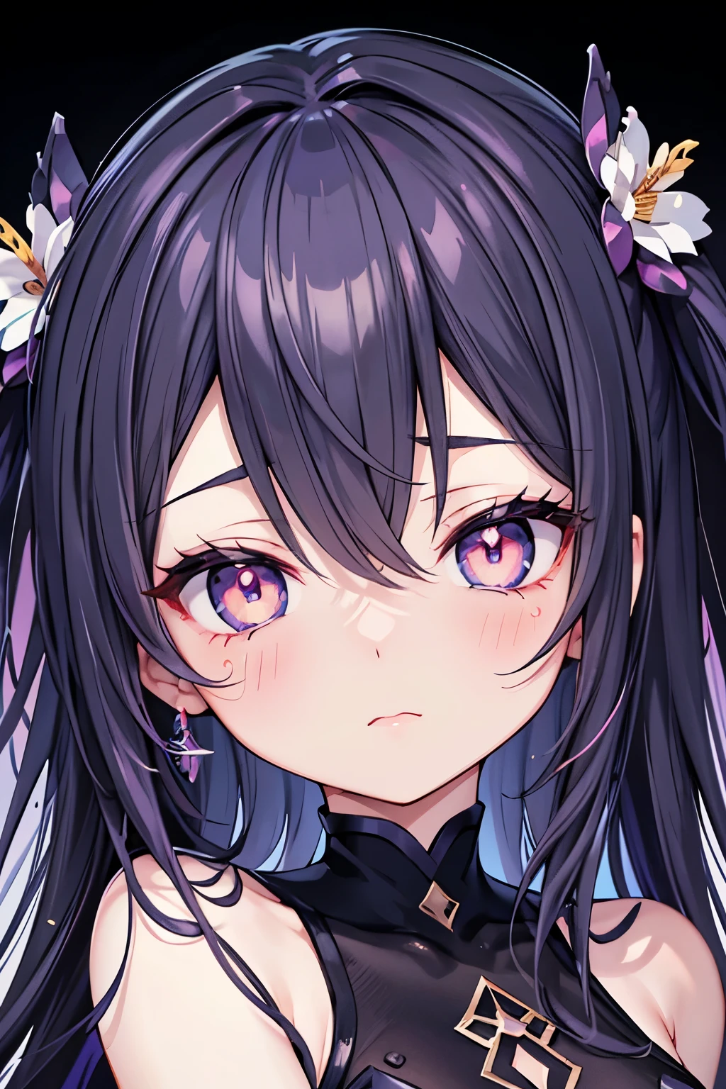 HQ, masterpiece, ((detailed music cover image)), green, (pink and gray shadows), anime girl face close up, neutral expression, big black and white eyes, dark eyelashes, black hair, pale colors, (abstract), looking straight to the camera