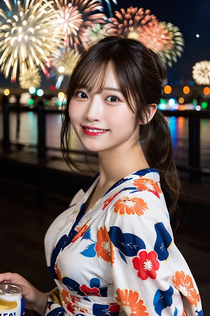 firework Display,8K,Professional Lighting ,Near and far in the air ,Ultra-high resolution ,(Like the picture: 1.1) ,Detailed face ,pretty girl ,Patterned yukata ,Smiling, looking up at the sky、profile、,firework ,Pause ,(Breast bulge: 1.1) ,Soft Light ,Big River ,ponytail ,Wide-angle camera、With a beer in hand、cheers