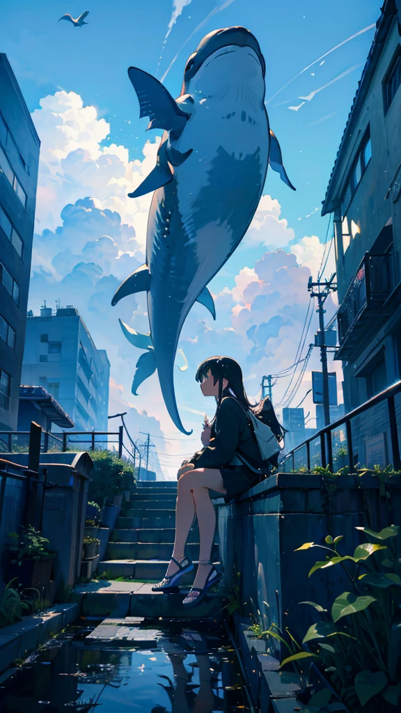 masterpiece, Exquisite detail,Highest quality, One girl, alone, handrail, cloud, Looking up at the buildings,Long Hair, NULL, Long sleeve, Power lines, White footwear, Black Hair, View your viewers, Electric pole, bangs, cloudy NULL, fish, bird, Green Eyes, Shorts, Day, Black Shirt, barefoot,Whale flying in the sky,Giant whale,night,star,milky way,night,Pitch black,Buildings,Sitting