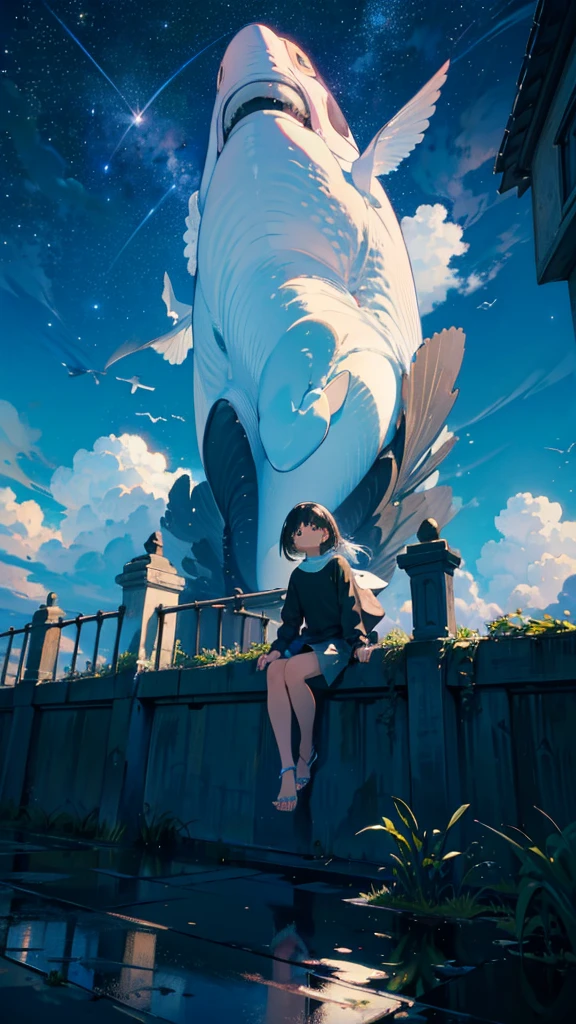 masterpiece, Exquisite detail,Highest quality, One girl, alone, handrail, cloud, Looking up at the buildings,Long Hair, NULL, Long sleeve, Power lines, White footwear, Black Hair, View your viewers, Electric pole, bangs, cloudy NULL, fish, bird, Green Eyes, Shorts, Day, Black Shirt, barefoot,Whale flying in the sky,Giant whale,night,star,milky way,night,Pitch black,Buildings,Sitting