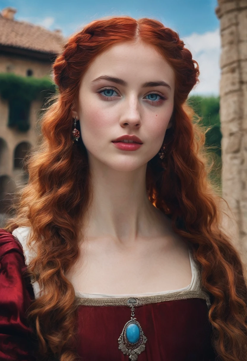 young woman(23 years old). Bright red, Wavy hair, braided(in the manner of Lucrezia Borgia или на манер таргариенов), pearl earrings in the ears, necklace of pearls on the neck. Eyes sky blue. Red eyebrows, very thin and curved. The skin is pale, she has freckles. Elongated face, oval shape. Dress in Renaissance or Middle Ages style, in the manner of Lucrezia Borgia. Mouth wide, and your lips are full. Брови very thin and curved, Light. одета в платье in the manner of Lucrezia Borgia. Realism style.