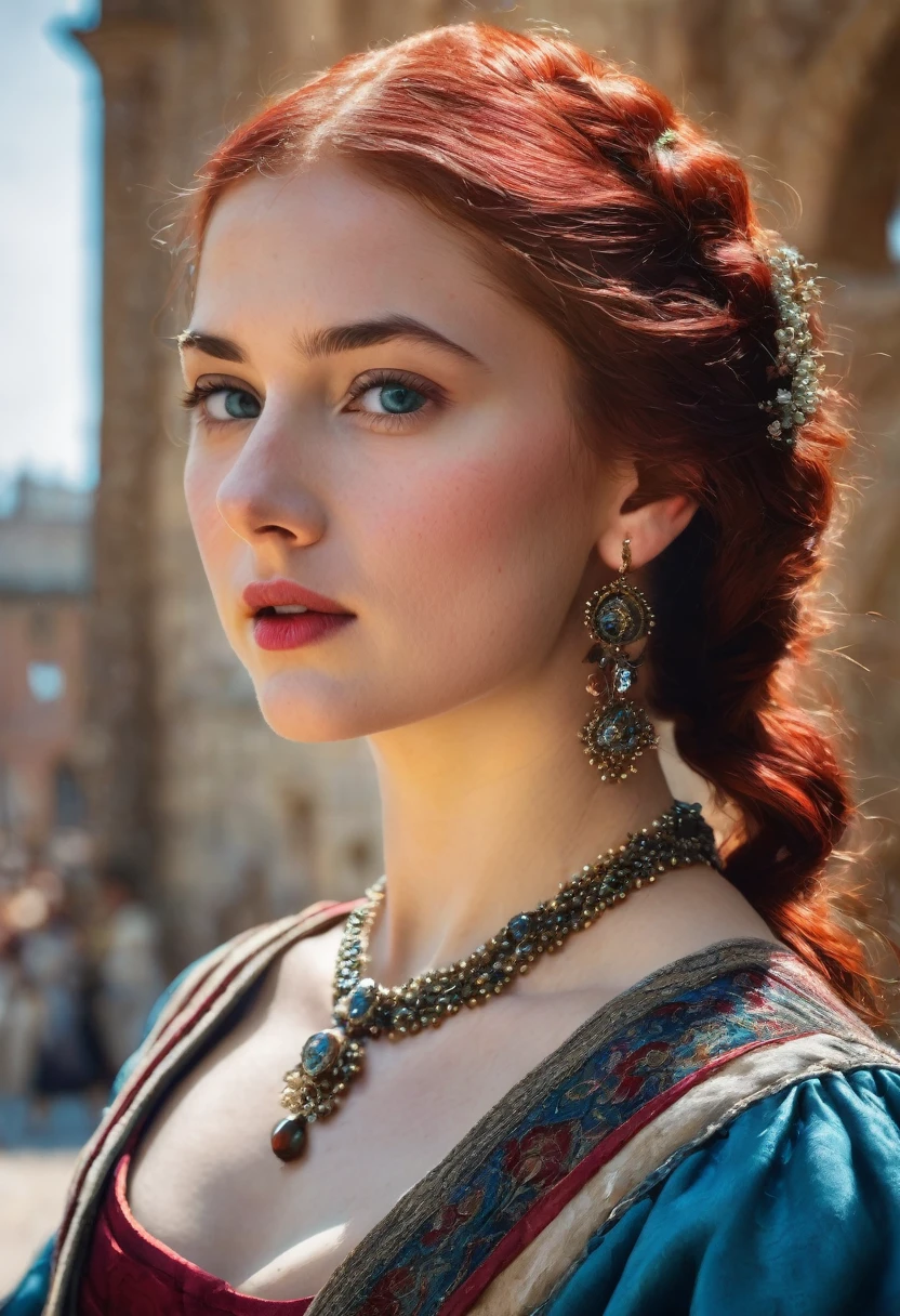 young woman(23 years old). Bright red, Wavy hair, braided(in the manner of Lucrezia Borgia или на манер таргариенов), pearl earrings in the ears, necklace of pearls on the neck. Eyes sky blue. Red eyebrows, very thin and curved. The skin is pale, she has freckles. Elongated face, oval shape. Dress in Renaissance or Middle Ages style, in the manner of Lucrezia Borgia. Mouth wide, and your lips are full. Брови very thin and curved, Light. одета в платье in the manner of Lucrezia Borgia. Realism style.