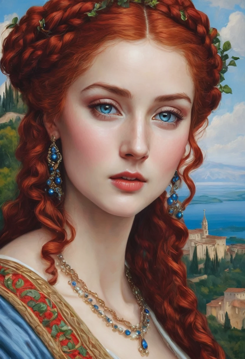 young woman(23 years old). Bright red, Wavy hair, braided(in the manner of Lucrezia Borgia или на манер таргариенов), pearl earrings in the ears, necklace of pearls on the neck. Eyes sky blue. Red eyebrows, very thin and curved. The skin is pale, she has freckles. Elongated face, oval shape. Dress in Renaissance or Middle Ages style, in the manner of Lucrezia Borgia. Mouth wide, and your lips are full. Брови very thin and curved, Light. одета в платье in the manner of Lucrezia Borgia. Realism style.