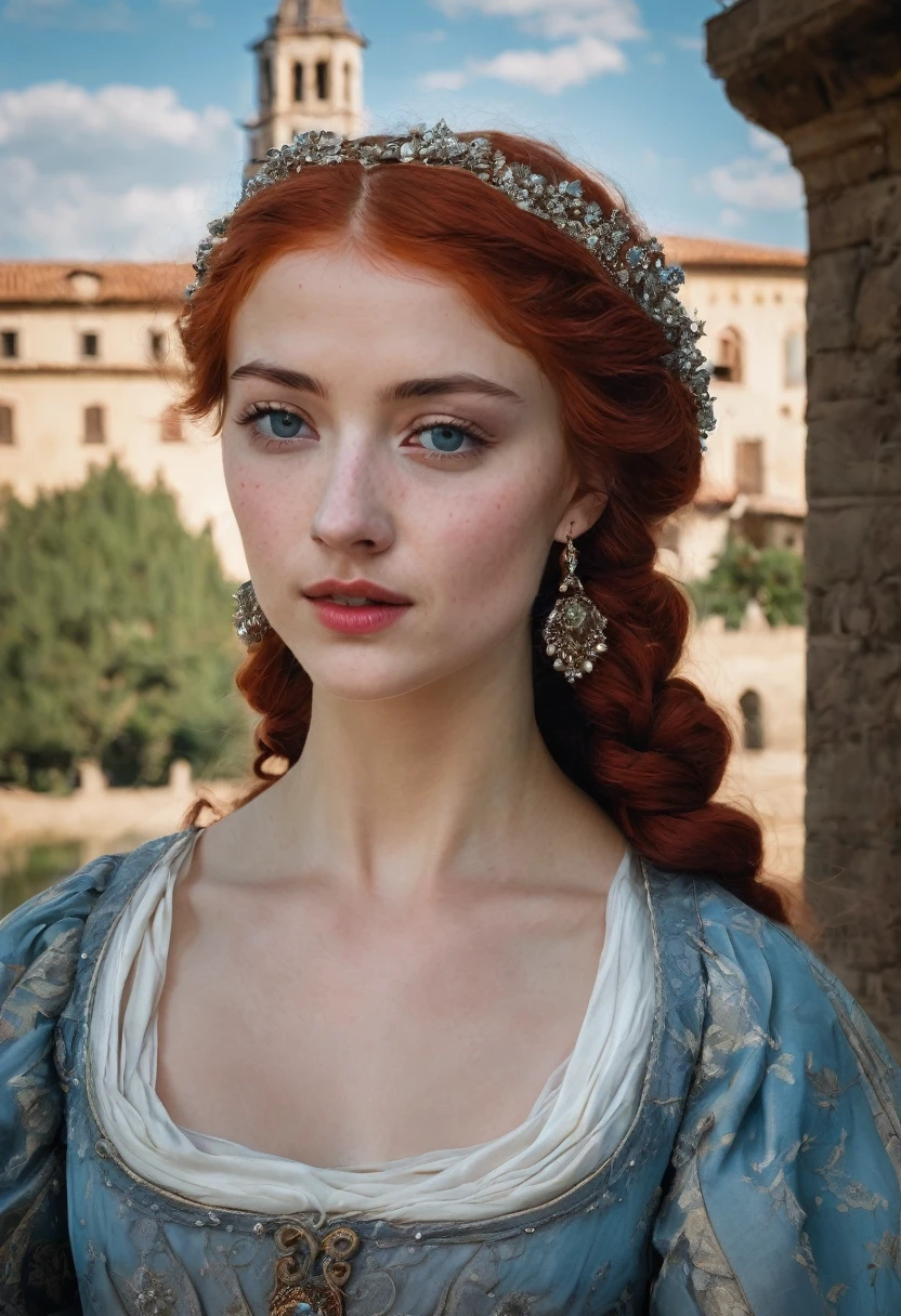 young woman(23 years old). Bright red, Wavy hair, braided(in the manner of Lucrezia Borgia или на манер таргариенов), pearl earrings in the ears, necklace of pearls on the neck. Eyes sky blue. Red eyebrows, very thin and curved. The skin is pale, she has freckles. Elongated face, oval shape. Dress in Renaissance or Middle Ages style, in the manner of Lucrezia Borgia. Mouth wide, and your lips are full. Брови very thin and curved, Light. одета в платье in the manner of Lucrezia Borgia. Realism style.