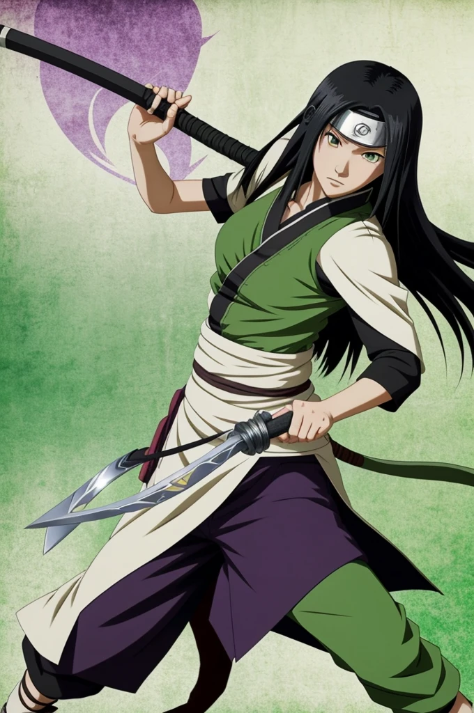 Naruto Shippuden screencap of a female with straight long black hair, white skin color, light purple eyes, heart face shape, big . She is wearing Shinobi clothes but in green color with pattern and black shoes with green katana in hand.