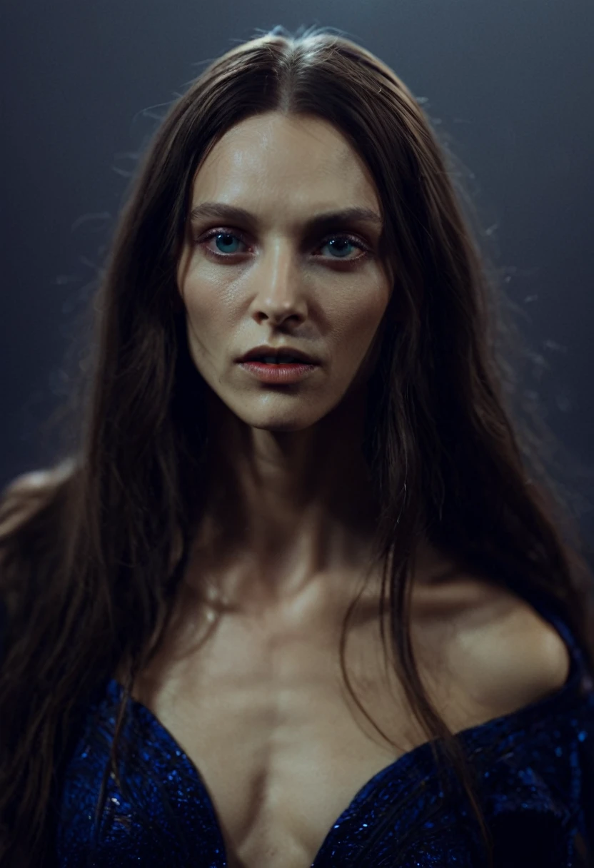 Fashionable of androgynous alien looking witch, glowing eyes, beautiful evil slavic woman, muscular, pale skin, long hair, slight smile, futuristic design, minimal details, givenchy, photoreal, 200mm, hd, f/ 2.0, highly detailed, surreal , drop dead, in the style of red and blue, (intricate details, hyperdetailed:1.15) (skin texture:1.2), photography studio,__perspective__, cinematic, professional, 4k, (((dynamic model pose))), full body, mesmerizing, dynamic, dramatic, sensual, dynamic pose, highly detailed skin with hair, subcutaneous veins, light and shadow play, highly detailed,24mm photograph, film, bokeh, professional, 4k,