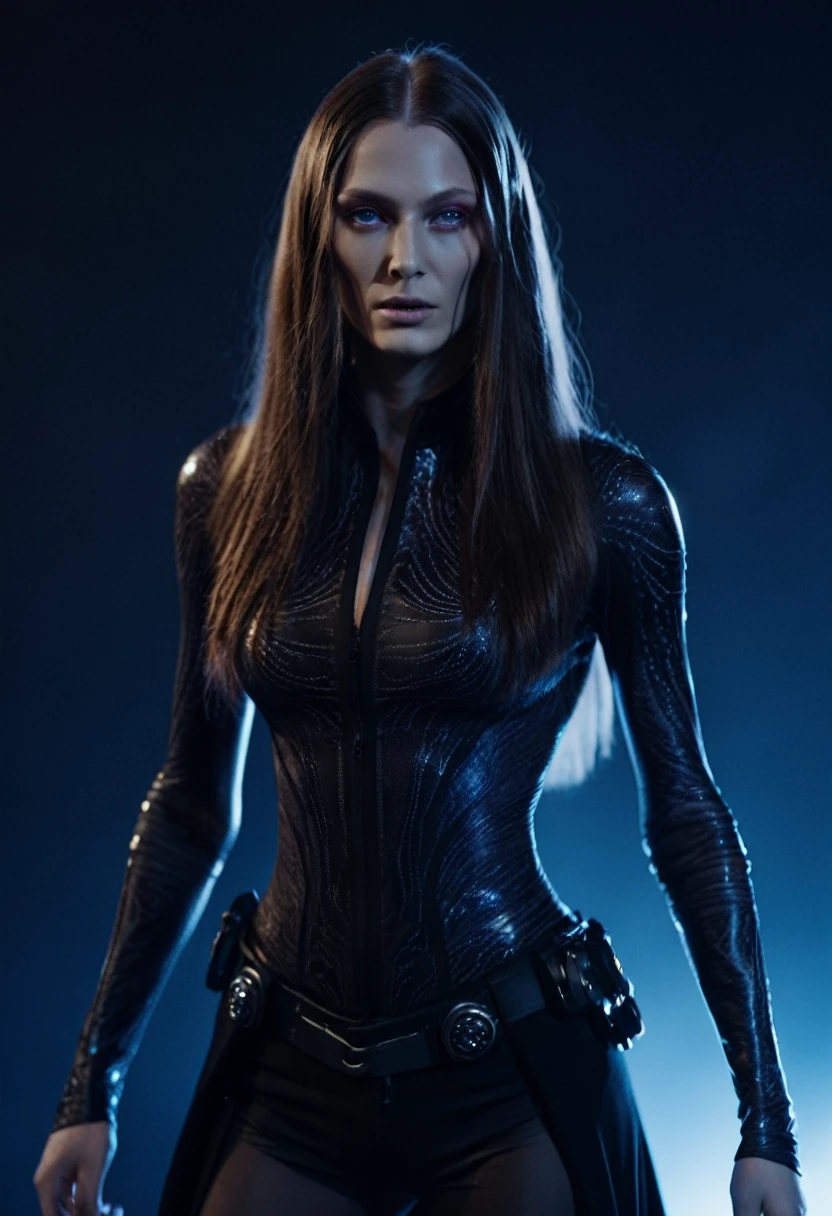 Fashionable of androgynous alien looking witch, glowing eyes, beautiful evil slavic muscular woman, pale skin, long hair, slight smile, futuristic design, minimal details, givenchy, photoreal, 200mm, hd, f/ 2.0, highly detailed, surreal , drop dead, in the style of red and blue, (intricate details, hyperdetailed:1.15) (skin texture:1.2), photography studio,__perspective__, cinematic, professional, 4k, (((dynamic model pose))), sitting, full body, mesmerizing, dynamic, dramatic, dynamic pose, highly detailed skin with hair, subcutaneous veins, light and shadow play, highly detailed,24mm photograph, bokeh, professional, 4k,