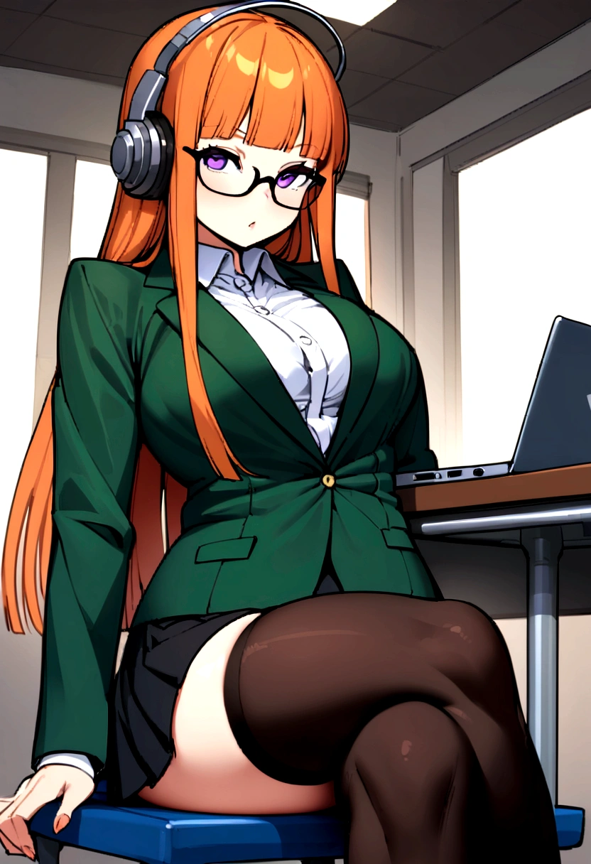 there is a woman sitting in a chair with a laptop, wearing a strict black business suit, sitting on a desk, in strict suit, on a desk, in a strict suit, japanese goddess, thighhighs and skirt, sat at her desk, sitting on a table, sitting at desk, wearing business suit, elegant legs, seductively looking in front, crossed legs, sakura futaba, orange hair, blunt bangs, purple eyes, violet eyes, glasses, white button up shirt, headphones, thicc, green jacket, thick thighs
