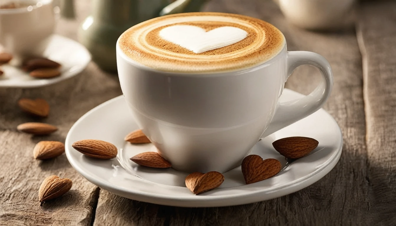 Create an image of a cozy fall-themed atmosphere featuring a one white cup with heart-shaped latte art on it, placed on a wooden table surface. beside the cup, there was a piece of cake with triangle slice layered with white cream on the small plate,there are some whole and shelled almonds, adding to the warm and inviting atmosphere. This scene is bathed in soft sunlight