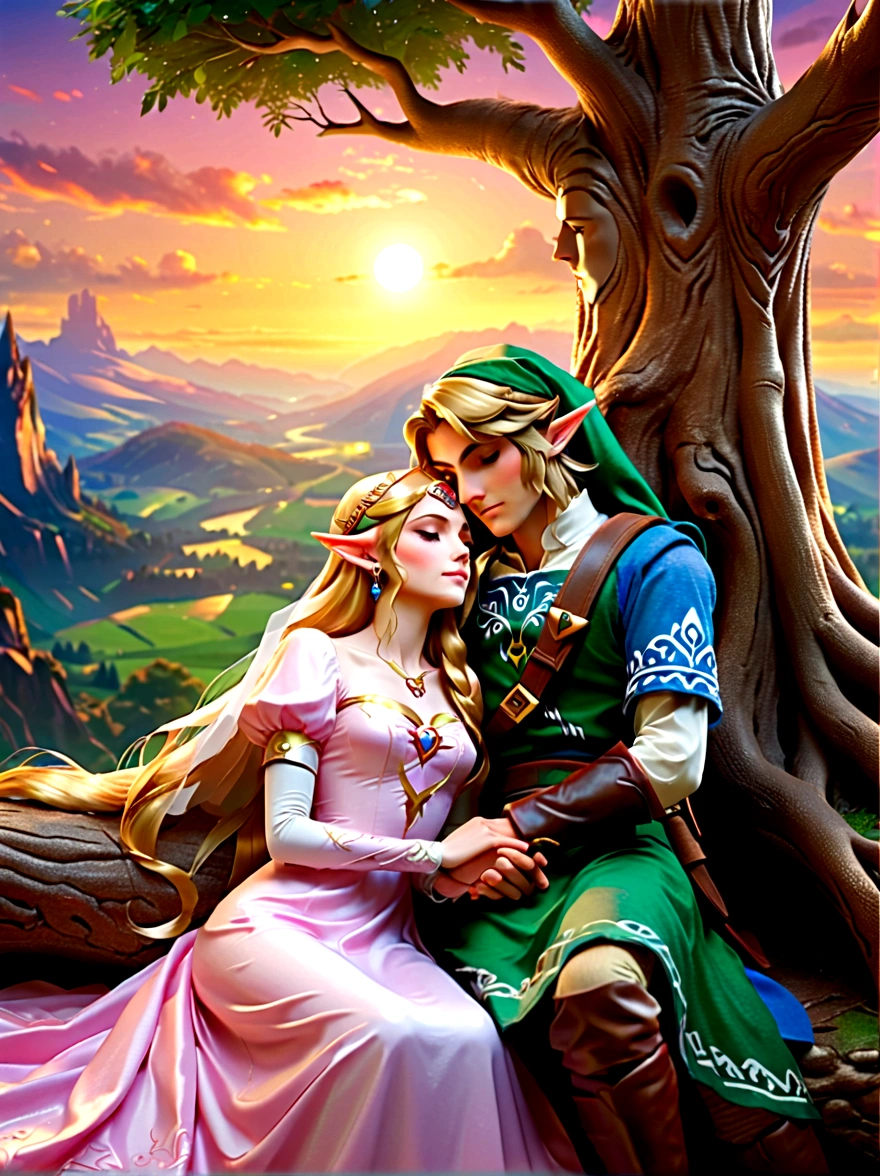 (Best quality，8K，Ultra-high resolution，masterpiece)，Super Fine，illustration，Princess Zelda，Link，Couple，Love，Embrace，(Lying under the World Tree:1.5)，fantasy，(the legend of zelda)，beautiful eyes，Beautiful lips，Super Fine的眼睛和脸，Long eyelashes，Long hair，romantic，close，Warm Lights，Prime Time，color，Fantasy Art，thrilling，epic