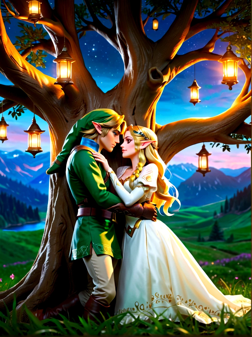 (Best quality，8K，Ultra-high resolution，masterpiece)，Super Fine，illustration，Princess Zelda，Link，Couple，Love，Embrace，(Lying under the World Tree:1.5)，fantasy，(the legend of zelda)，beautiful eyes，Beautiful lips，Super Fine的眼睛和脸，Long eyelashes，Long hair，romantic，close，Warm Lights，Prime Time，color，Fantasy Art，thrilling，epic