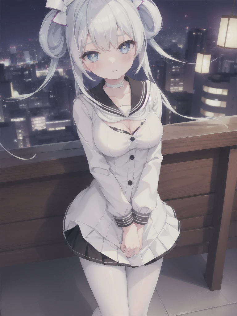 1girl,solo,dark_sky,night,white hair,serafuku,sailor_collar,closed mouth,medium_breasts,park,((white_pantyhose)),cleavage, white_bra,blush,pleated skirt,
