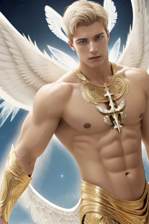 Full body shot (close-up:1.5),muscle,menstoga,in white and gold costume, male focus, solo, 1boy, (bare shoulders),looking at viewer, ice blue eyes,nude,(Seraphim:1.5), (multiple wings:1.5), in the sky, (floating:1.3), (midair:1.5), cloudan with wings), angel wings, glowing, bloom, platinum hair, outdoors, stars,golden feathers, (gold magic swirling),(Masculine face:1.2), half body shot 