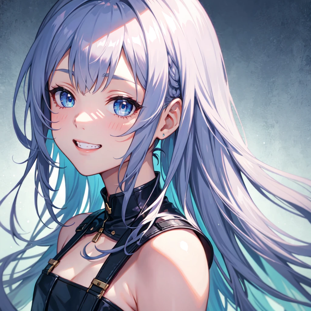 ???-girl, BREAK, very long hair, blunt bangs, {dark blue hair}, BREAK, blue eyes, BREAK, pinafore, BREAK, grin, BREAK, anime, caustics, super detailed skin, beautiful detailed eyes, face