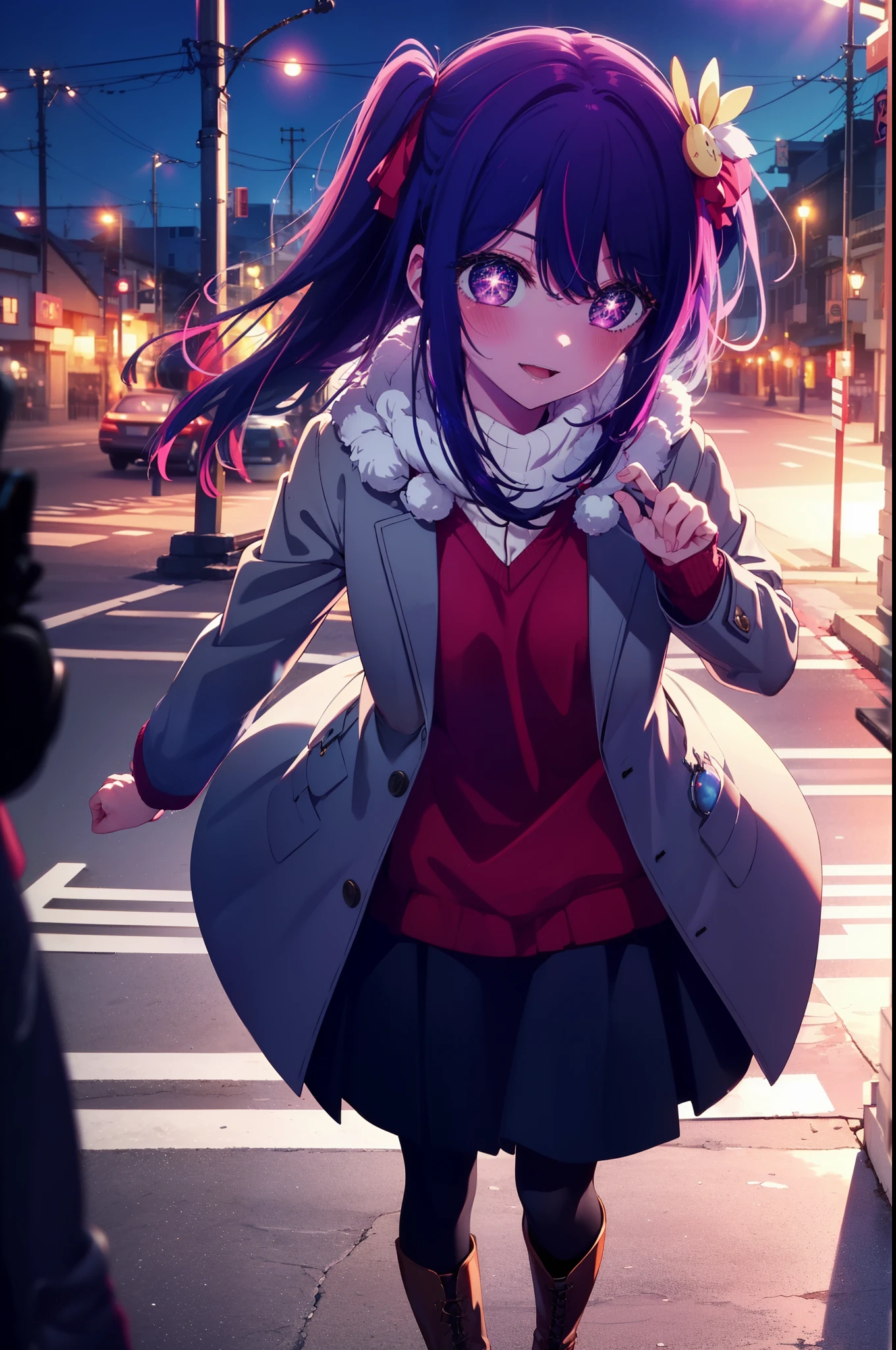 aihoshino, Ai Hoshino, Long Hair, bangs, (Purple eyes:1.1), Purple Hair, (Symbol-shaped pupil:1.5), smile,smile,blush,Open your mouth,
break one side up, hair ornaments, Hair Ribbon, Purple long coat,V-neck sweater,Long skirt,Black pantyhose,short boots,Red muffler,It&#39;s snowing,Snow is falling,Are standing,whole bodyがイラストに入るように, 
break outdoors, Building district,
break looking at viewer, whole body,
break (masterpiece:1.2), Highest quality, High resolution, unity 8k wallpaper, (figure:0.8), (Beautiful attention to detail:1.6), Highly detailed face, Perfect lighting, Highly detailed CG, (Perfect hands, Perfect Anatomy),
