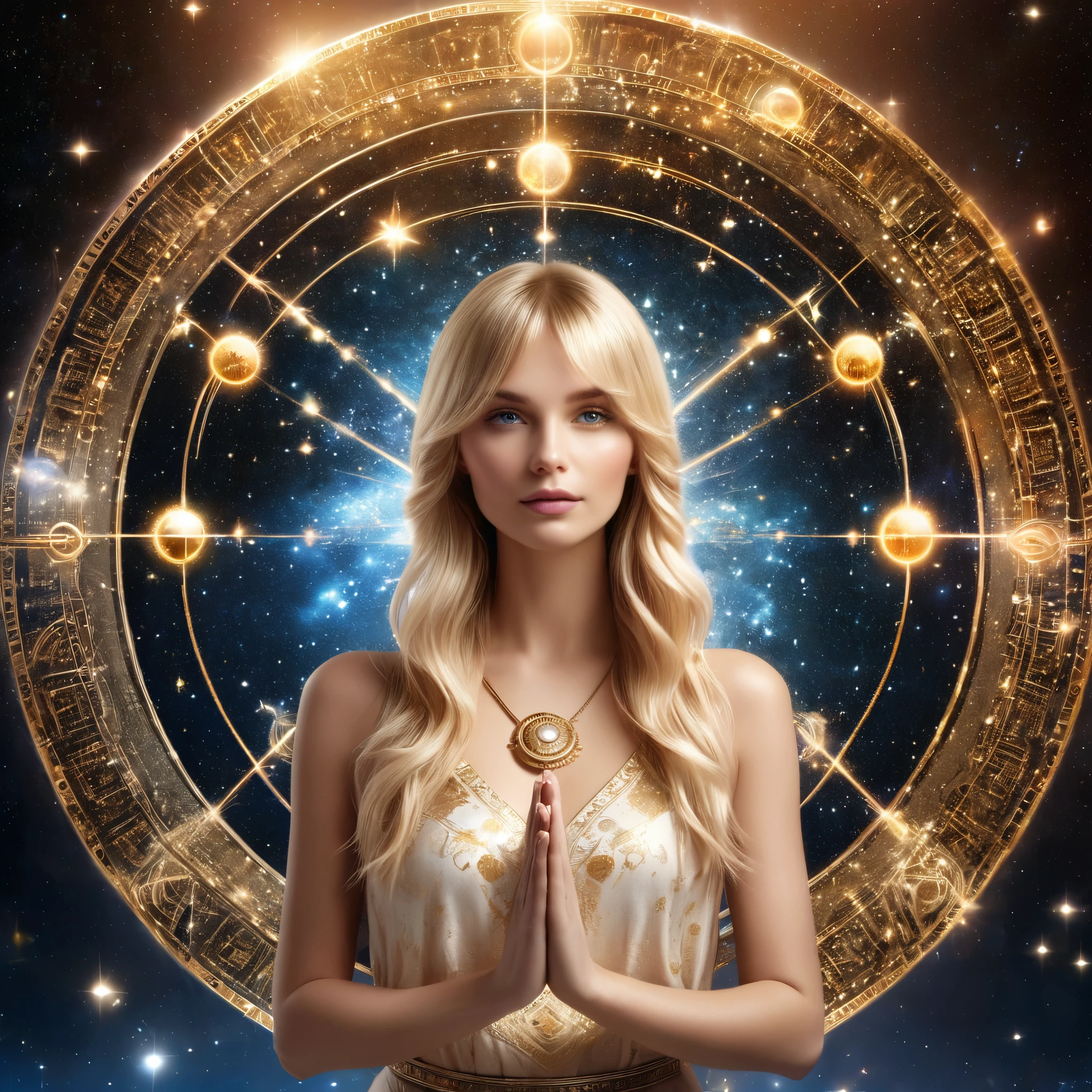 Astrologer, beckoning, blonde hair, bangs, 1girl, long hair, looking at viewer, 3D image of astrological horoscope circle on both palms, best quality, masterpiece, high quality, extremely detailed CG unity 8k wallpaper, delicate background, luminous particles, complex details, Sacred geometry,