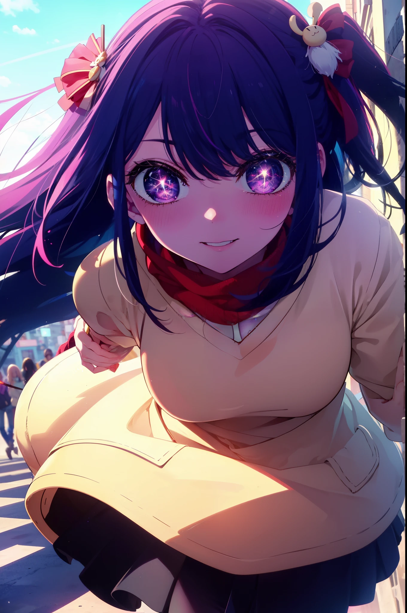 aihoshino, Ai Hoshino, Long Hair, bangs, (Purple eyes:1.1), Purple Hair, (Symbol-shaped pupil:1.5), smile,smile,blush,Open your mouth,
break one side up, hair ornaments, Hair Ribbon, Purple long coat,V-neck sweater,Long skirt,Black pantyhose,short boots,Red muffler,It's snowing,Snow is falling,Are standing,whole bodyがイラストに入るように,
break outdoors, Building district,
break looking at viewer, whole body,
break (masterpiece:1.2), Highest quality, High resolution, unity 8k wallpaper, (figure:0.8), (Beautiful attention to detail:1.6), Highly detailed face, Perfect lighting, Highly detailed CG, (Perfect hands, Perfect Anatomy),