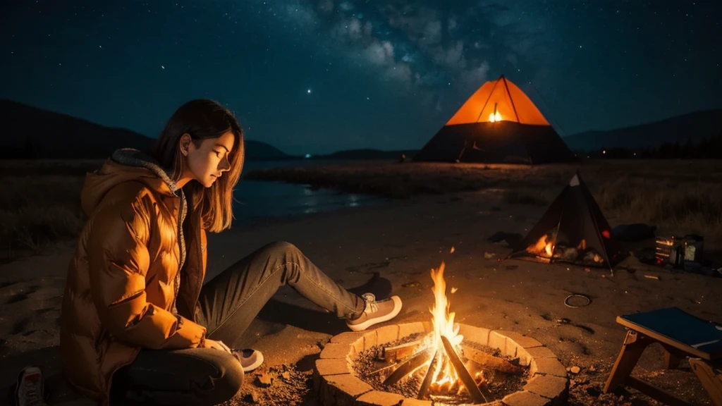 A woman is sitting on the floor next to a campfire, Alena Anami Style, inspired writer: Alena Aenami, Gwaiz style artwork, Realistic art style, Beautiful lonely girl, The fire shines , at a campfire at night, writer: Alena Aenami, Makoto Shinkai Cyril Rolland