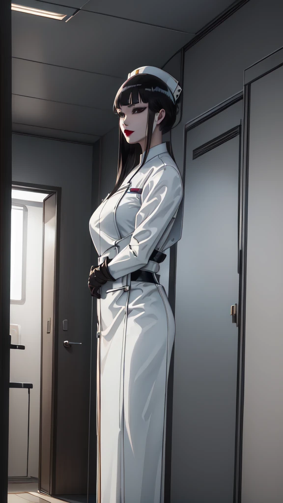 (best quality, high quality, photograph, hyperrealism, masterpiece, 8k:1.3), 1girl, Gibraltarian, slender, nsfw, nurse, dutch braid hair, fear, Dramatic Lighting, High contrasts and bold shadows to intensify emotions and create a passionate ambiance, trending on Flickr, concept art, shot by henri cartier-bresson, wide angle, wide shot, cowboy shot