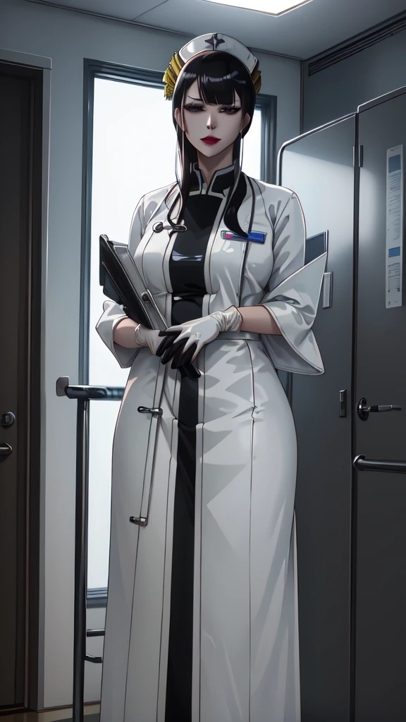 (masterpiece, best quality), SShutaraV4, source_anime, natural light, senjumaru shutara, 1girl, solo, slight smile, long hair, bangs, blunt bangs, sidelocks, (black eyes), (black hair:1.4), makeup, lipstick, red lipstick, mature, mature female, nurse uniform, rubber gloves, patient room background,