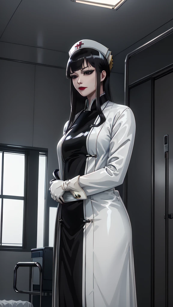 (masterpiece, best quality), SShutaraV4, source_anime, natural light, senjumaru shutara, 1girl, solo, slight smile, long hair, bangs, blunt bangs, sidelocks, (black eyes), (black hair:1.4), makeup, lipstick, red lipstick, mature, mature female, nurse uniform, rubber gloves, patient room background,