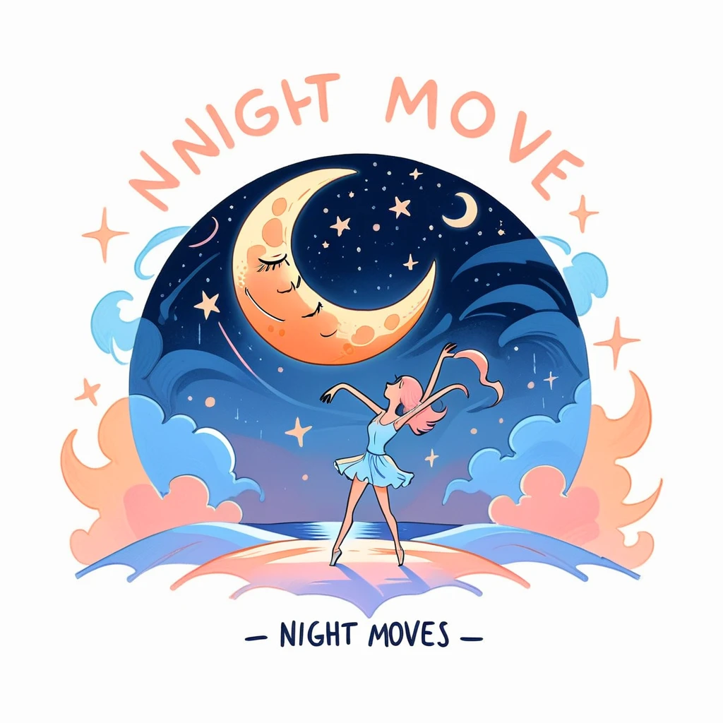 On a white background, a minimalist doodle of a pastel-colored moon with arms and legs dancing over a calm horizon. Text saying 'Night Moves' in pastel hues of soft orange, light pink, and gentle blue