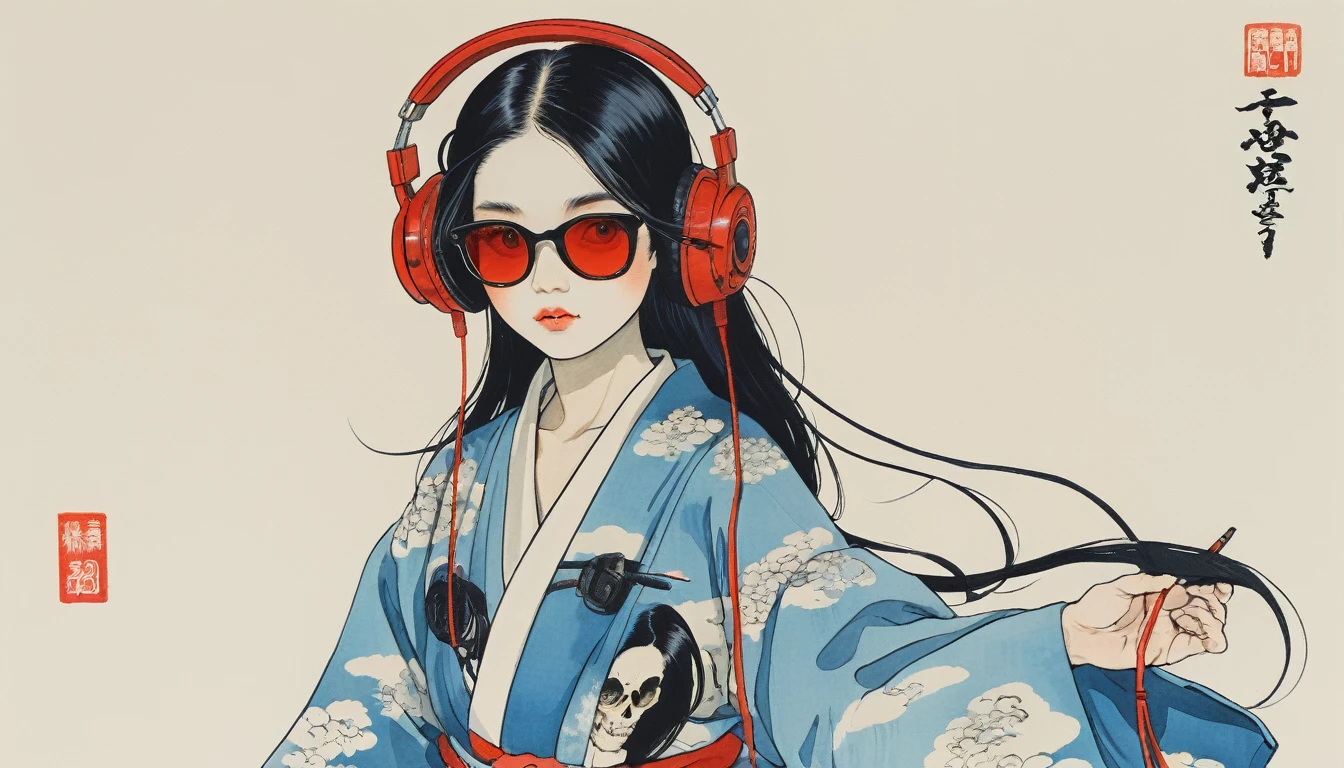 Japanese pattern haori, Smooth, long black hair, Cute female skeleton, Sunglasses with light blue lenses, Katsushika Hokusai, Ink Painting, Japanese style headphones, Exercise martial arts, Modern ukiyo-e style, Red Eyes