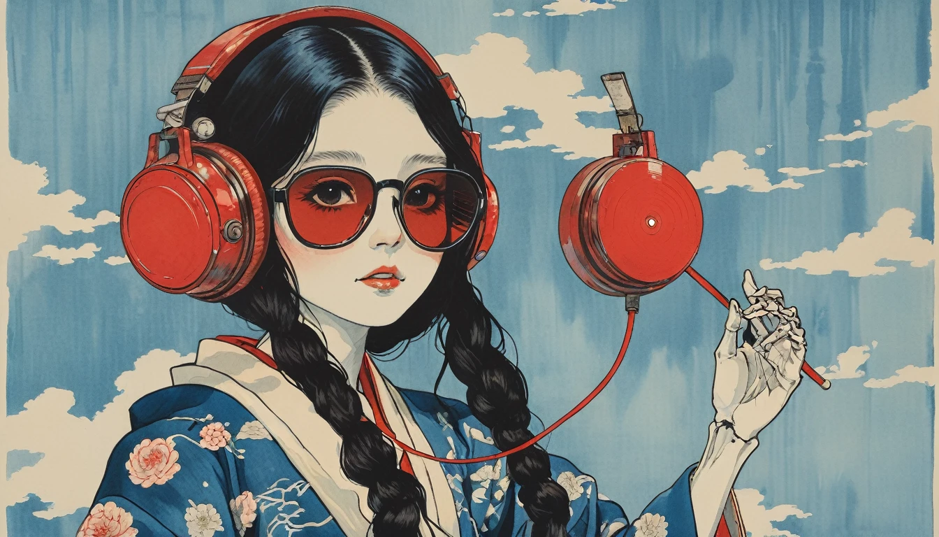 Japanese pattern haori, Smooth, long black hair, Cute female skeleton, Sunglasses with light blue lenses, Katsushika Hokusai, Ink Painting, Japanese style headphones, Exercise martial arts, Modern ukiyo-e style, Red Eyes