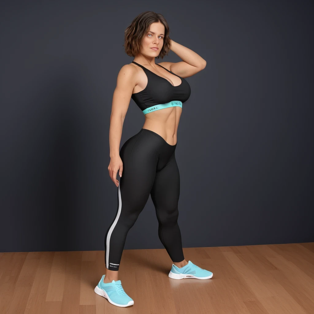 zPDXL2, zPDXLpg, zPDXLrl, A portrait photo of a 26-year-old influencer posing in her transparent yoga outfit, as a backdrop looms behind her. This tanned stunner features a (well-defined hourglass silhouette), (very large breasts), graceful toned flesh, and a (choppy-messy bob).