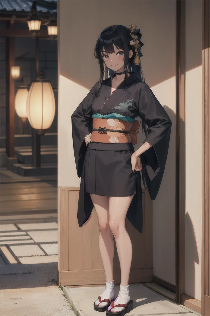 masterpiece, best quality, mackerel, anemia, long hair, black hair, both sides, hair ribbon, tan,. black skin, black choker, flounce, japanese clothes, (Black Kimono:1.2), mind, Purple skirt, put hands on hips, standing, smile with one&#39;s teeth exposed, outdoors, cowboy shot,