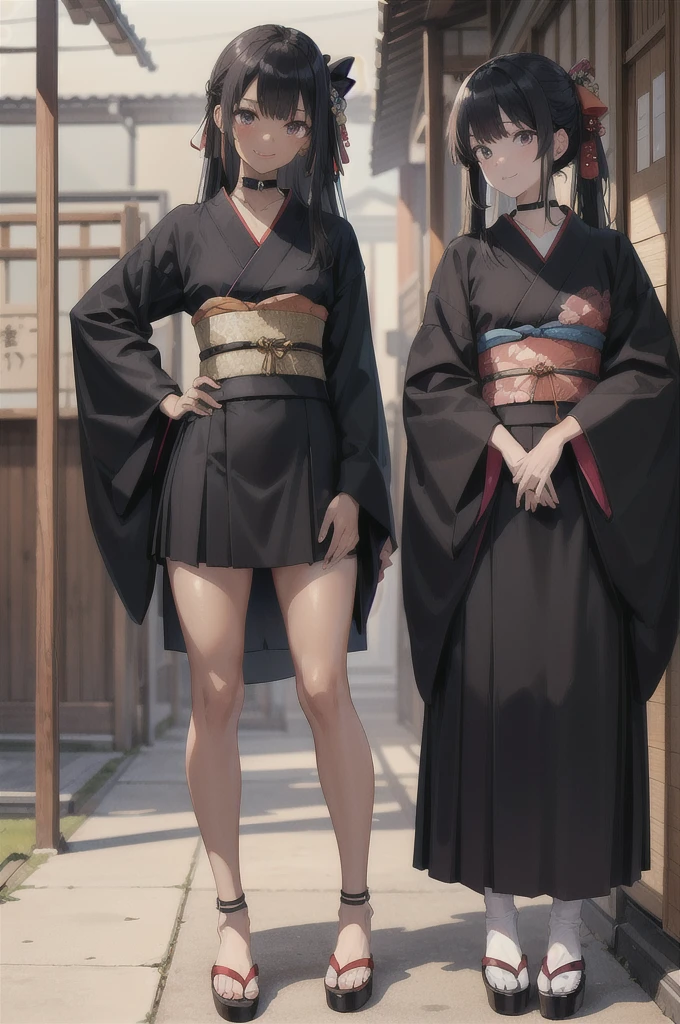 masterpiece, best quality, mackerel, anemia, long hair, black hair, both sides, hair ribbon, tan,. black skin, black choker, flounce, japanese clothes, (Black Kimono:1.2), mind, Purple skirt, put hands on hips, standing, smile with one&#39;s teeth exposed, outdoors, cowboy shot,