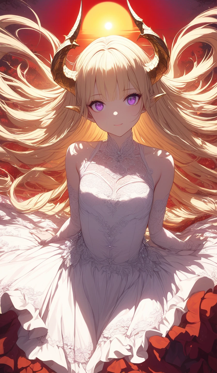Masterpiece, very detailed, ultra detailed, alone, (1 girl), she is in a white lace and detailed dress, and in an elegant position, she is tall, childish style, long golden hair and parting on the sides, golden demonic horns, beautiful, charming, purple eyes, elegant, small breasts, kind face, charming, she stands against the background of red trees and the big sun.