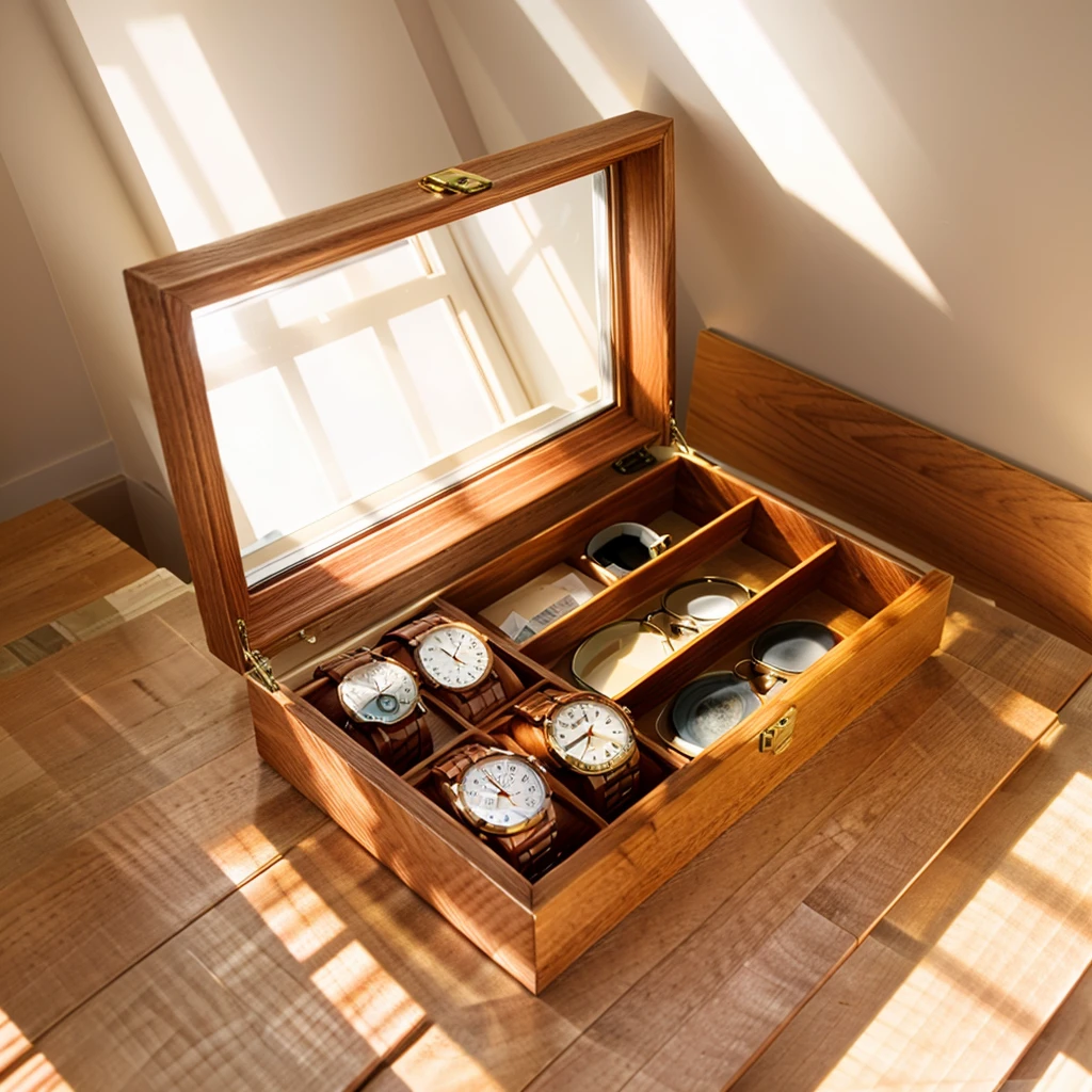 In this cozy room,A ray of sunlight shone through the half-drawn curtains on the table,Let the wood grain on the watch storage box shine with a faint luster。There was a calm and peaceful atmosphere in the air around them。There are several still lifes hanging on the walls of the room,It adds a touch of elegance to the space。And on the other side of the room,The half-open window lets in the breeze,The pages on the small desk by the window turned in the wind,This quiet scene gives a sense of tranquility and comfort。