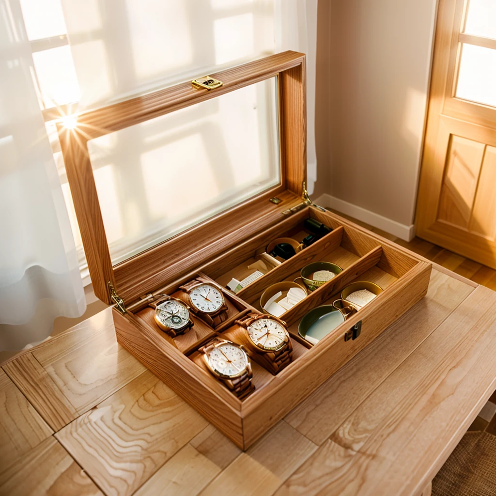 In this cozy room，A ray of sunlight shone through the half-drawn curtains on the table，Let the wood grain on the watch storage box shine with a faint luster。There was a calm and peaceful atmosphere in the air around them。There are several still lifes hanging on the walls of the room，It adds a touch of elegance to the space。And on the other side of the room，The half-open window lets in the breeze，The pages on the small desk by the window turned in the wind，This quiet scene gives a sense of tranquility and comfort。

