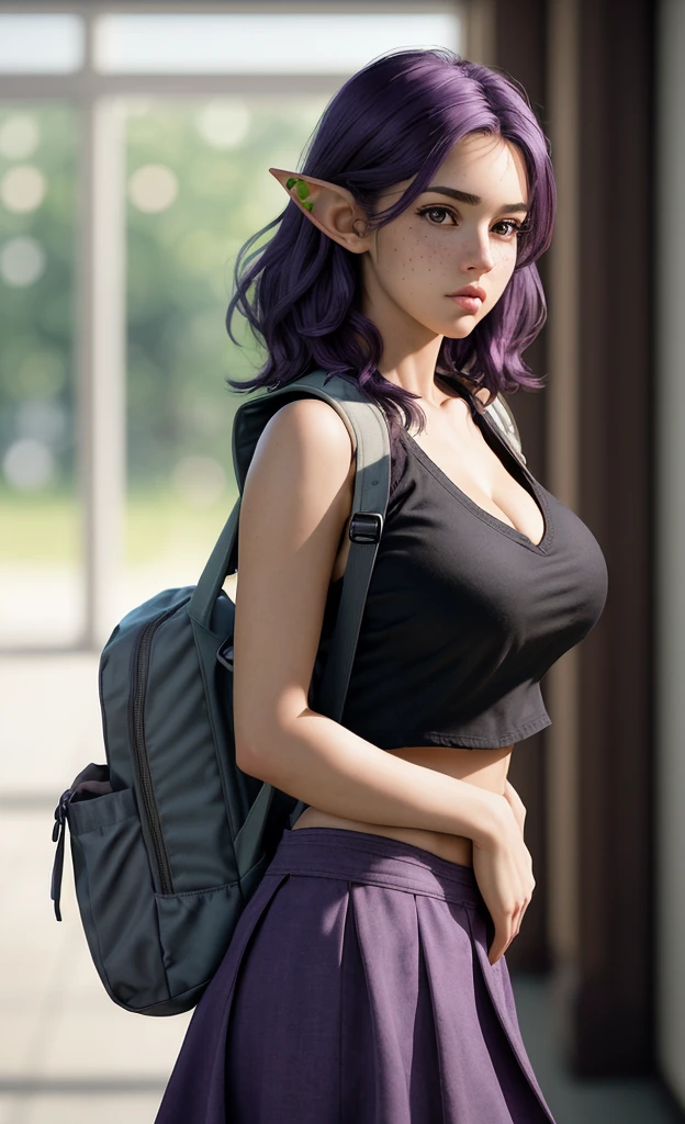(masterpiece), (extremely intricate:1.3), (realistic), portrait of a girl, huge and perfect breasts, the most beautiful in the world, dark eyebrows, bright purple hair, short very shaggy and messy hair, big round ass, almond eyes, embarrassed expression, blushing heavily, freckles, (vest top), (skirt), (backpack), elf ears, pale skin, detailed textures, upper body, indoors, bright sunlight, classroom hallway, professional photograph of a stunning woman detailed, looking at the camera, alluring stare, detailed eyes, sharp focus, dramatic, award winning, cinematic lighting, octane render unreal engine, volumetrics dtx, (film grain, blurry background, blurry foreground, bokeh, depth of field, motion blur:1.3)
