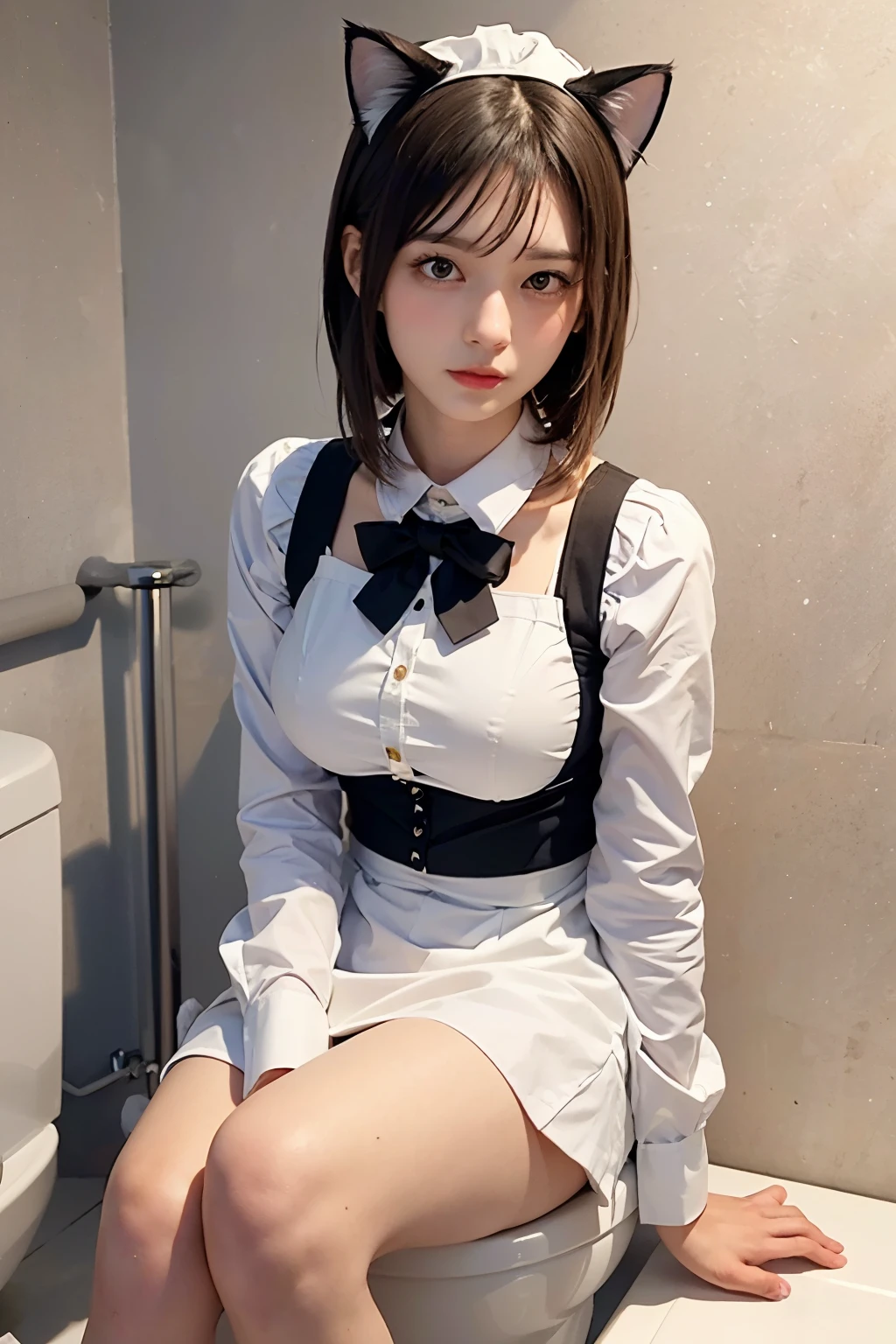 (masterpiece, highest quality:1.2), High resolution, Intricate details, Super detailed, (Highly detailed CG, unity 8k wallpaper), Clear image, (Cat ears:1.5), (maid uniform:1.3), (sitting in the toilet:1.3), Blushed face, Plump breast, (From below),