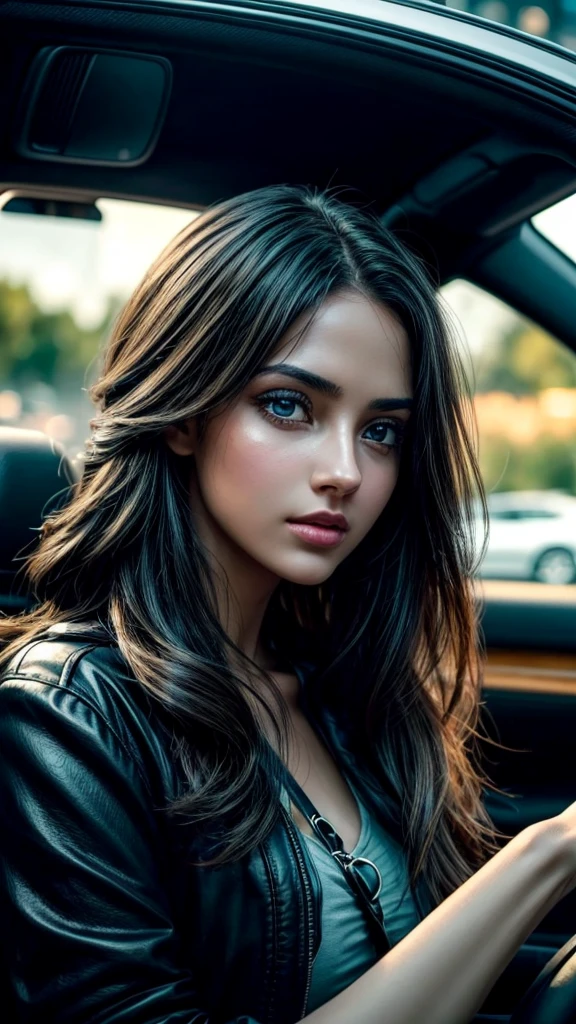 A girl driving a car, looking at her smartphone, detailed face, beautiful girl, beautiful eyes, detailed skin, intricate details, photorealistic, cinematic lighting, dramatic lighting, vibrant colors, elegant, serene, realistic, hyper-detailed, masterpiece, highly detailed, 8k, best quality, cinematic, dramatic