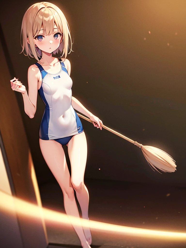 Slender beautiful girl, alone, white school swimsuit, high resolution, top quality, fine details, no blush, knee high, dynamic angles, cinematic lighting, hair raking, small breasts