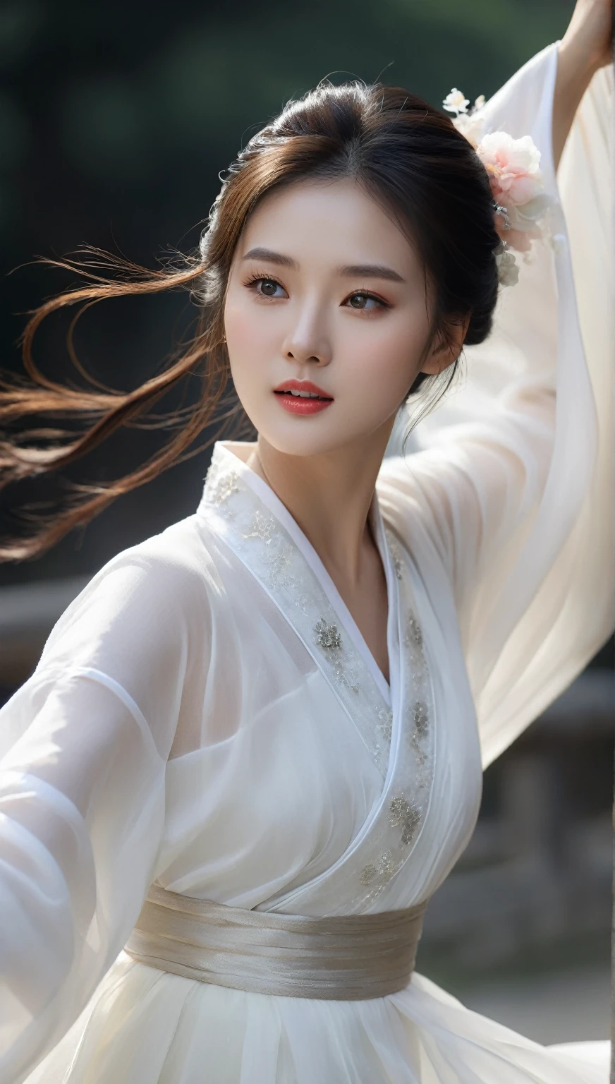 beautiful Korean woman, (((Mikamaria))), (motion blur:1.3), abnormally stunning beautiful face, black and white close-up,woman in intricate pure white hanbok dress, Flying in the air like a Chinese movie ,spinning frantically, translucent tingling air particles on dress hem, in ancient china, professional fashion photography,UHD, 4k, 8k