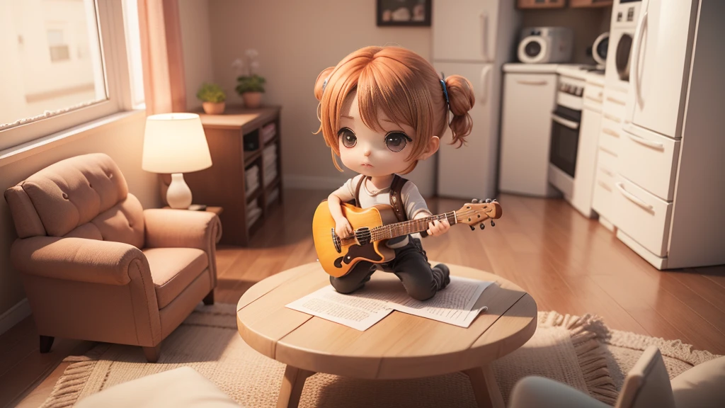 Anime Baby Chibi Cute、(((Chibi 3D))) (best quality), (table top)、Brown hairstyle、Chibi Housing Exhibition、sample room、detailed face、relax,man holding guitar