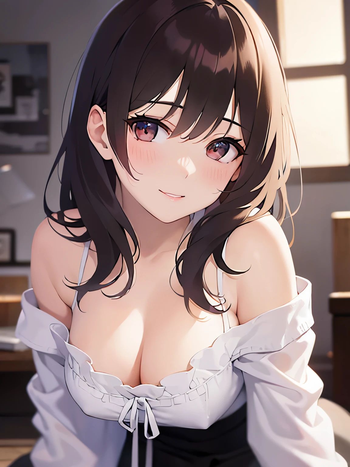 cleavage、Shooting from below、all fours, Realistic, real person, (pale skin: 1.2), RAW photo, photorealistic, shiny skin, shiny hair、(A 25-year-old woman with medium-length hair and bangs) and (wavy hair) and (brown hair) and (Orange Eyes) , (white) and (off shoulder blouse) 、(blush:1.5), smile、Alone、The background is the living room、(night:1.5)、