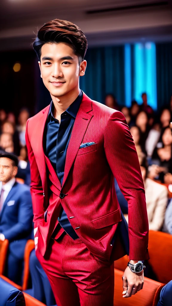 Crimson striped suit、　Handsome 30 year old scientist、The hair is in order..No short beard.no beard.　（A handsome young man in an S-Class suit.）、　Japanese male, 30 years old、　merchant、　Luxury dress、　office、　stand up in suitＳHandsome young man、　full body image、　（ภาพถ่ายที่มีรายละเอียดhigh CG Unity 8K）、　（very detailedＳHandsome young manในชั้นเรียน）、　（The photos are real.）、　　（（คุณภาพhighสุด））、　Awesome detailasterpiece）、　คุณภาพhighเป็นพิเศษ、　high、　audience、　gentleman、　I'm beautiful.、　short hair、　Vivid photos、　Handsome like a model、　Handsome like an idol、　Luxury watches、　Eyes balanced looking at the audience with a slight smile