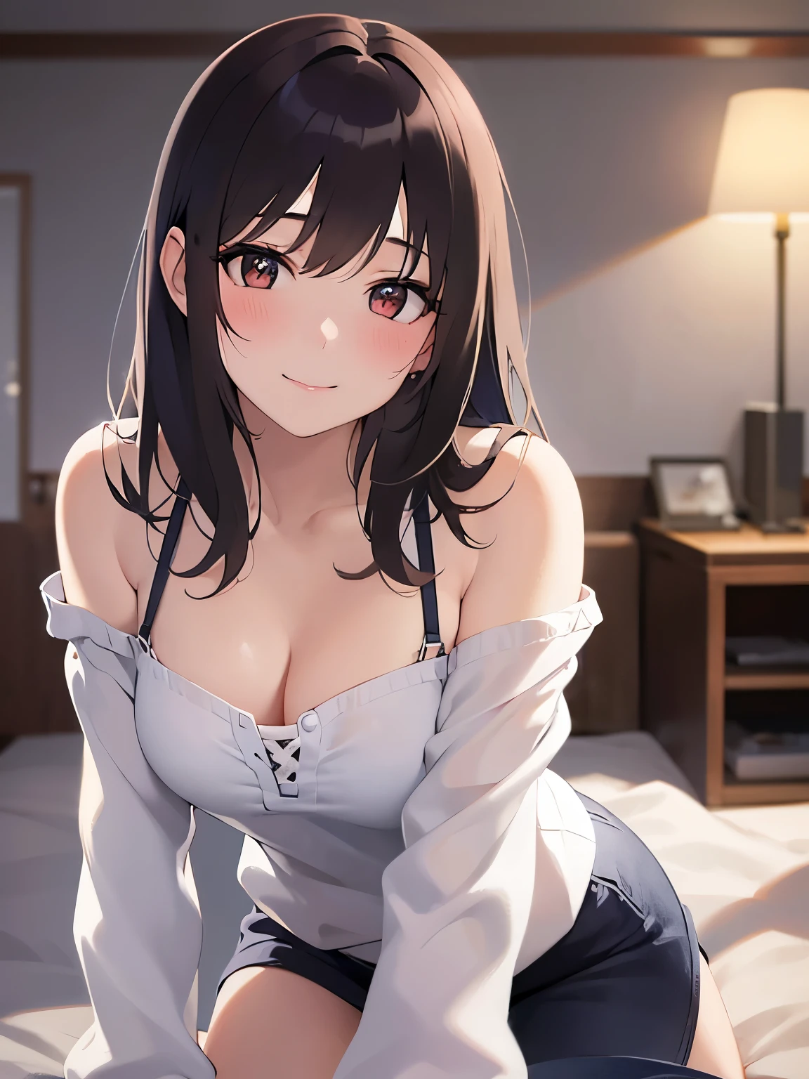 cleavage、Shooting from below、all fours, Realistic, real person, (pale skin: 1.2), RAW photo, photorealistic, shiny skin, shiny hair、(A 25-year-old woman with medium-length hair and bangs) and (wavy hair) and (brown hair) and (Orange Eyes) , (white) and (off shoulder blouse) 、(blush:1.5), smile、Alone、The background is the living room、(night:1.5)、