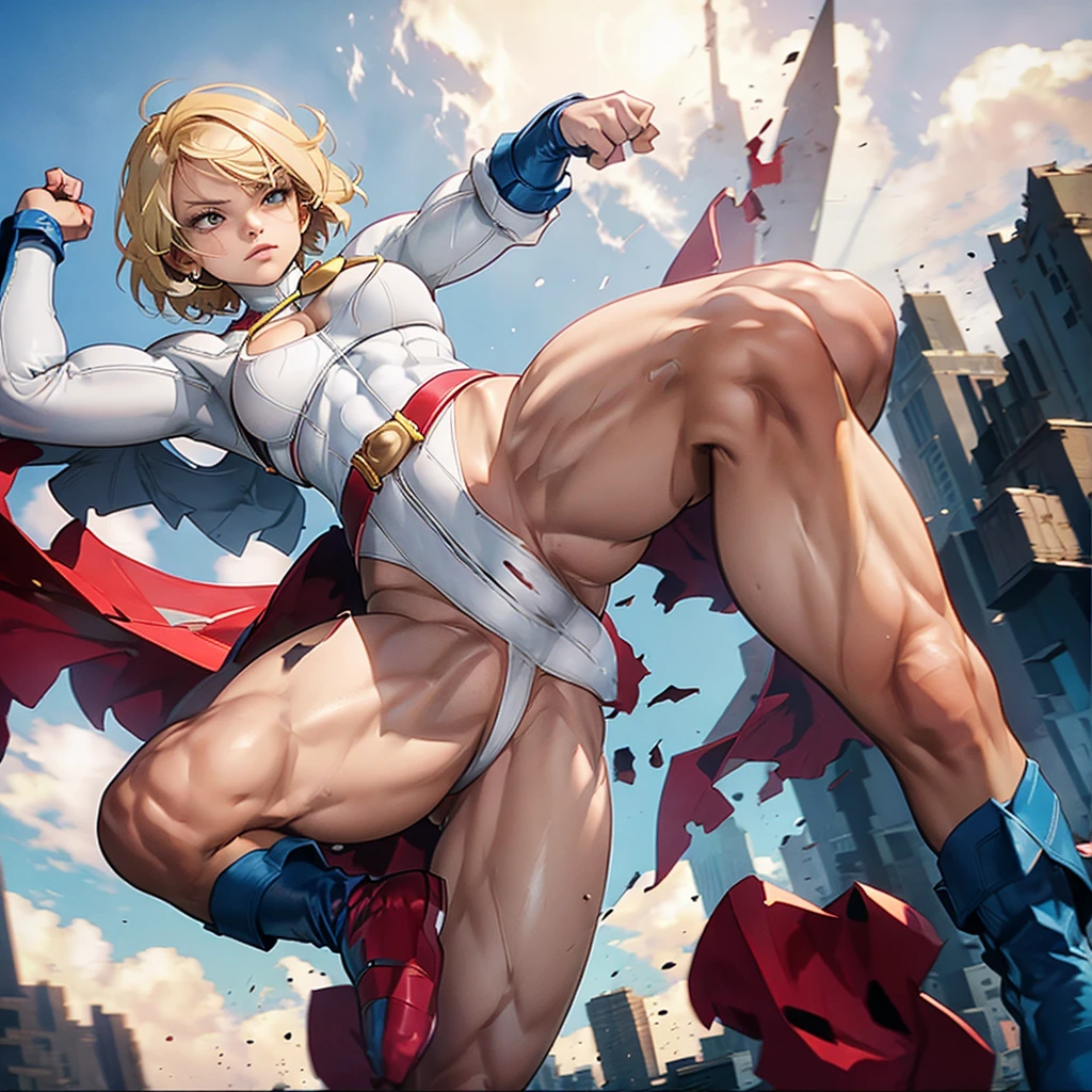 fighting PowerGirl, (shoot from below), (cameltoe:1.1), solo, blonde_hair, (damaged white leotard:1.2), red belt, solo, blue boots, best quality, masterpiece, beautiful, (best quality), anatomically correct, perfect anatomy.