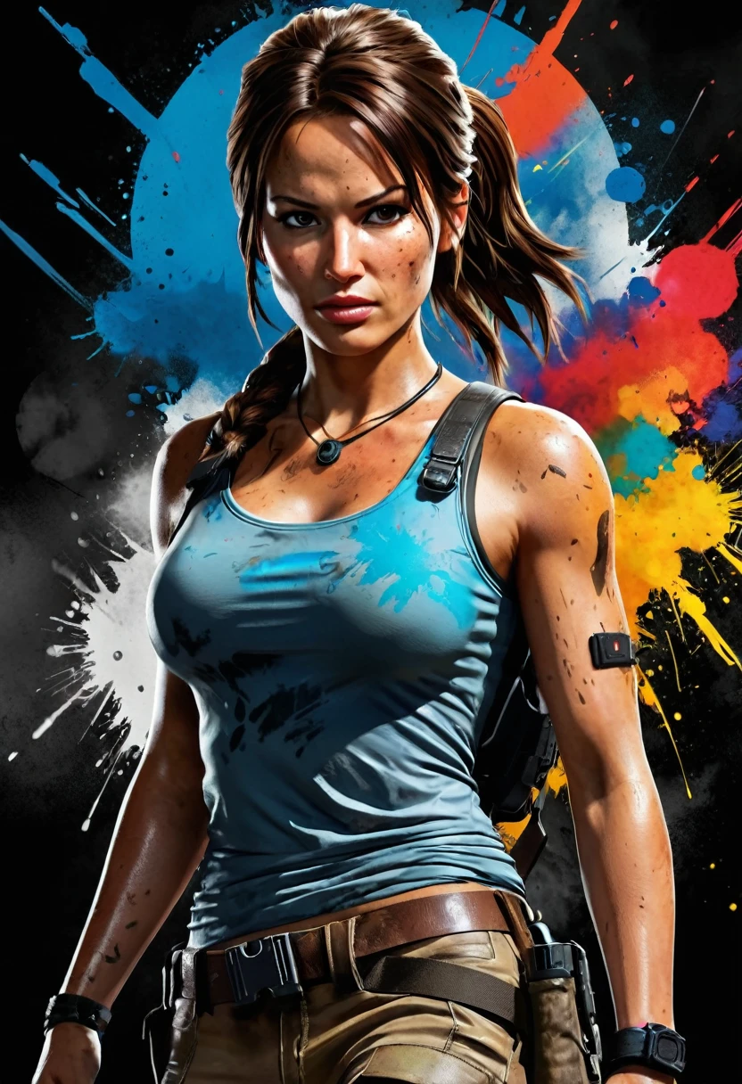 a close-up of a woman holding a gun in front of a colored background, portrait of Lara Croft, Tomb Raider beautiful, Lara Croft, muscular sweat Lara Croft, Tomb Raider, video game digital art, high definition art, 8k art, Tomb Raider setting, Tomb Raider (2018), epic digital art illustration, Lara Croft as spiderwoman