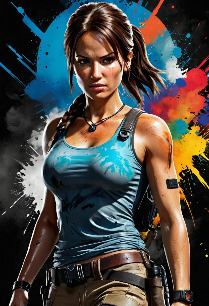 a close-up of a woman holding a gun in front of a colored background, portrait of Lara Croft, Tomb Raider beautiful, Lara Croft, muscular sweat Lara Croft, Tomb Raider, video game digital art, high definition art, 8k art, Tomb Raider setting, Tomb Raider (2018), epic digital art illustration, Lara Croft as spiderwoman