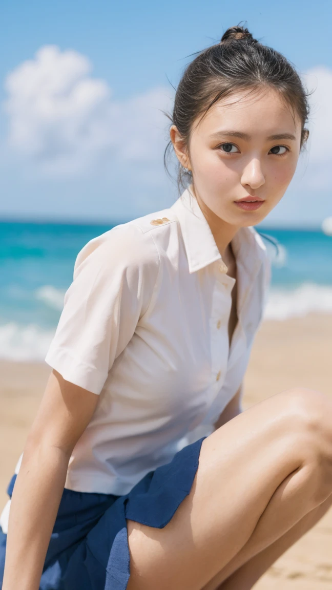 (((Top-down configuration:1.33)))、((No underwear:1.55))、One Girl、Beautiful and detailed eyes and face、barefoot、20 year old cute Japan woman, ((Extremely precise and accurate anatomy:1.0)), (photo Realistic:1.4), (hyper Realistic:1.4), (最高品質のRealisticな肌の質感:1.4), (Improvement of quality:1.4), (Enhances the beauty of skin texture:1.1), clean and glowing skin, mesh, thin:1.2, (Realistic:1.3), Realisticなライティング, (Smoother lighting:1.05), (Improving the quality of cinema lighting:0.9), Backlight, A gentle light that illuminates the face, Ray Tracing, (Bright light:1.2), 32k, One Japanese woman, fine grain, Detailed face, (Film Grain:1.1),(Accentuates body lines:1.1), High resolution, Natural look, Kind eyes, Enhances hair texture, Delicate light and shadow, Clear skin, Graceful Pose, Beautiful Eyes, Sharp details, Soft light reflection, Beautiful contours, Delicate skin tone, Fine hair texture, Natural background, (((sunny day、Beach、A strong wind is blowing、Her hair and skirt are flying、squat, Traditional navy blue sailor uniform、Open shirt、Pleated skirt、Scooping seawater with hands:1.25、splash、Sandy Beach、Light of the sun、clear blue sea、The waves crash quietly、Blue sky and white clouds、green mountain々、Beautiful Nature、The joys of youth)))、