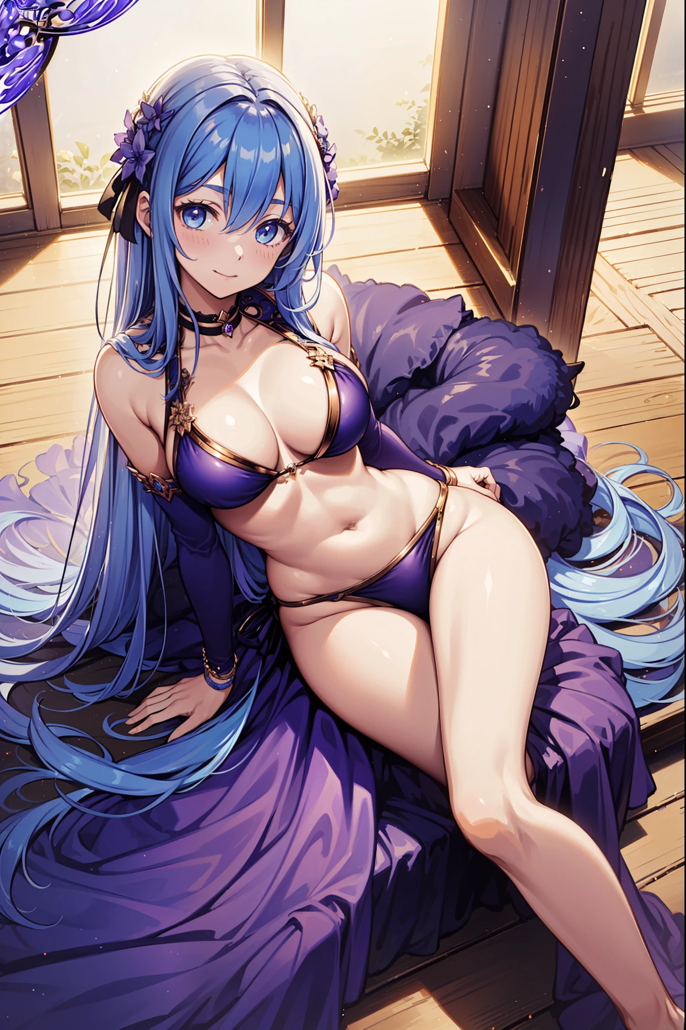 (Best quality,4K,8K,A high resolution,Masterpiece:1.2),Ultra-detailed,teens girl，Enchanted，having fun，Being in love，Light purple prom dress，Lilac cloth，see-through transparent clothes，exquisite costumes，A small amount of lace，Bedrooms，solo person，blond hairbl，eBlue eyes，Pink hair，the night，