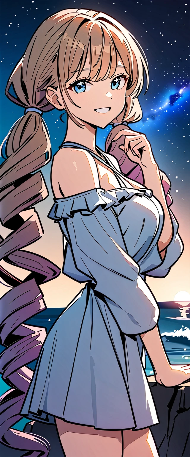 ((grin)), Eyeshadow, False eyelashes, ((off-shoulder dress:1.3, criss-cross halter)), ((white sundress)), ((cleavage)), ((twin tails hair, spiral curl hair, gradient hair, hair extensions, streak)), ((sunglasses, hand to sunglasses)), (((from side))), ((((upper body)))), bare legs, (()), (((a beautiful starry sky, the Milky Way shining beautifully in the night))), ((on the very high cliff)), wavy hair, inward curled hair, ((sea, nature)), breasts, teenager, (looking at viewer), puffy long sleeves, collarbone, head tilt:1.3, (((blue eyes))), happy smile, (((anime style))), (best quality, 4K, 8K, highres, masterpiece:1.2, ultra-detailed, ultra-detailed eyes, HDR, uhd, studio lighting, ultra-fine painting, sharp focus, physically-based rendering, extreme detail description, professional, vivid colors, bokeh)
